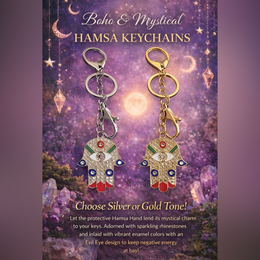 Hamsa Hand Crystal Keychain - Silver or Gold Tone, Red Green Blue Accents